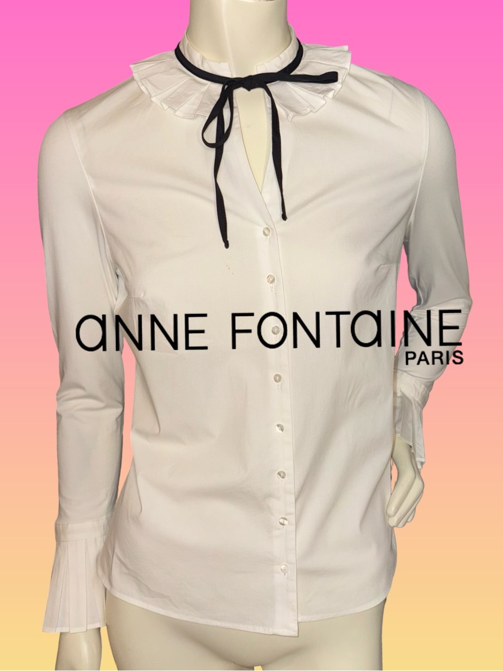 Anne Fontaine White Ruffled Collar Button-Down Blouse with Black Tie